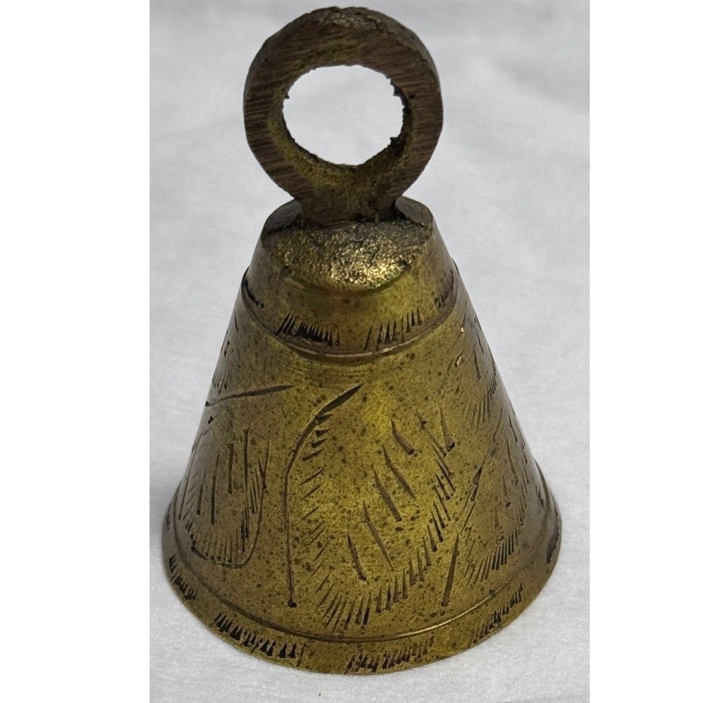 Vintage Etched Brass Bell Small Hand Made India Boho Decorative Gold Tone 1.75"